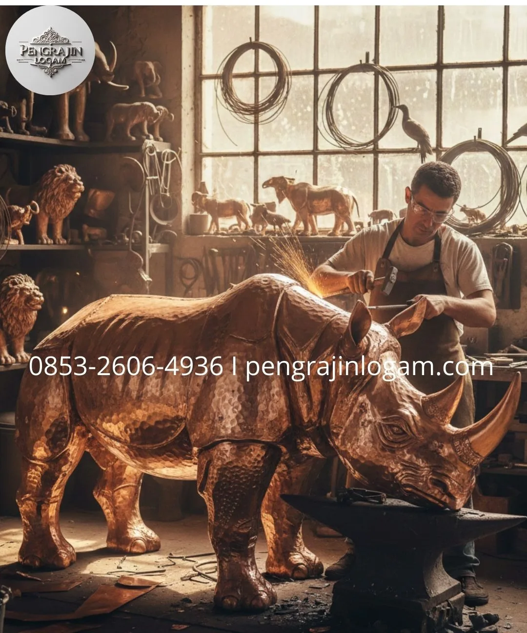 Pengrajin patung badak tembaga